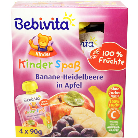 4x90g Bebivita 贝唯他果泥吸吸乐 - 香蕉、蓝莓和苹果 - 4x90g Bebivita Kinderspaß Banane-Heidelbeere in Apfel