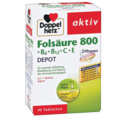 双心叶酸800+维生素B6 B12 C & E 复合片 40粒 - Doppelherz aktiv Folsäure 800 + B6 B12 C & E 40 Tabletten