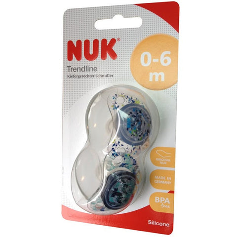 NUK Trendline日夜型无环硅胶安抚奶嘴 1号（0-6个月）2个装，蓝色 - NUK Trendline Beruhigungssauger Silikon Gr. 1, blau