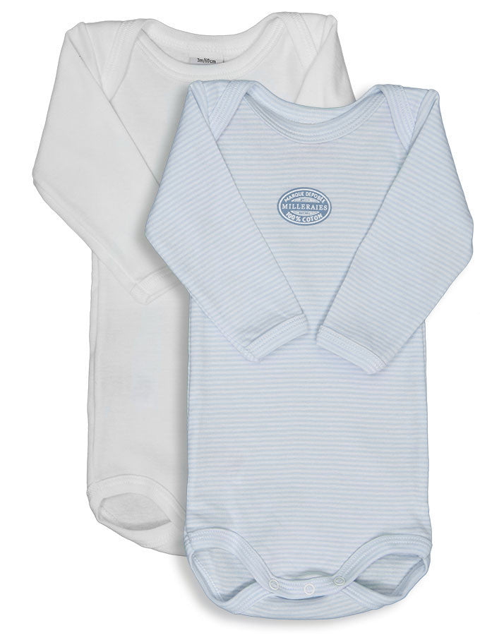 Petit Bateau2件套长袖紧身连衣裤淡蓝色加白色 - Langarm-Body ML 2-teilig in hellblau/weiß