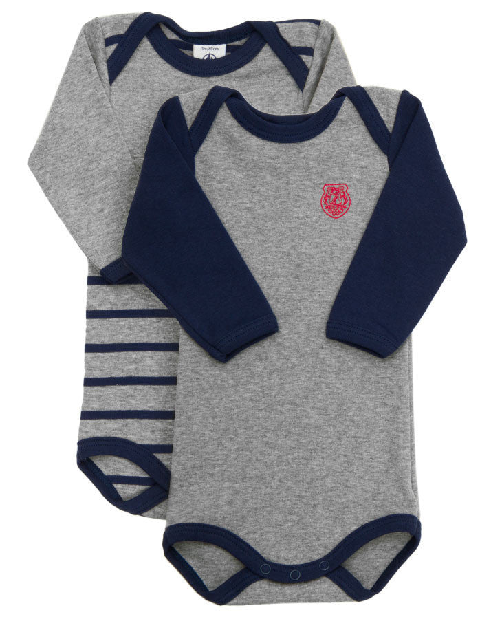 Petit Bateau2件套长袖紧身连衣裤混灰色加海蓝 - Langarm-Body-Set 2-teilig in grau melange/marine