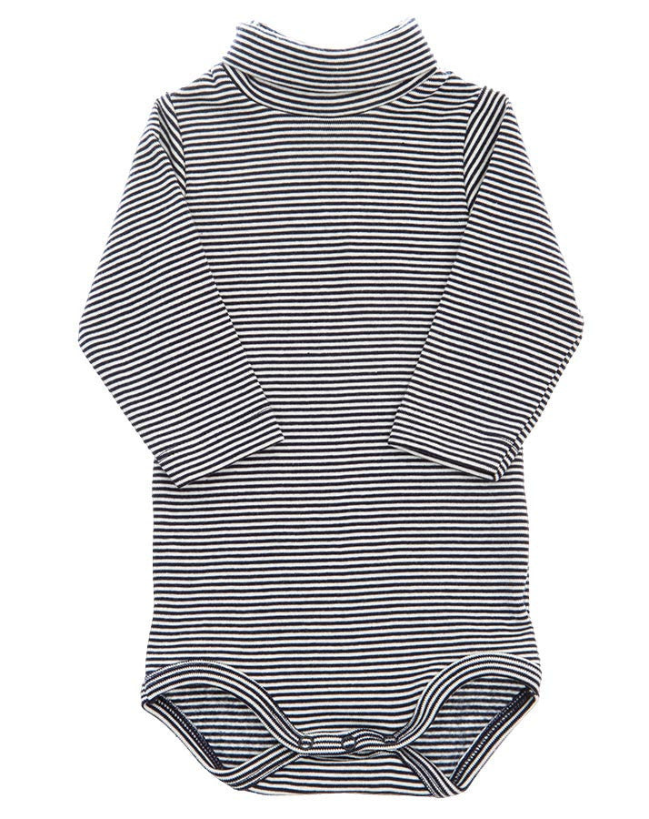 Petit Bateau卷领紧身连衣裤黑色加白色环纹 - Rollkragenbody geringelt schwarz/weiß
