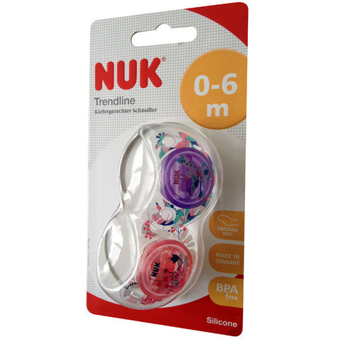 NUK Trendline日夜型无环硅胶安抚奶嘴 1号（0-6个月）2个装，粉色 - NUK Trendline Beruhigungssauger Silikon Gr. 1, rosa-lila